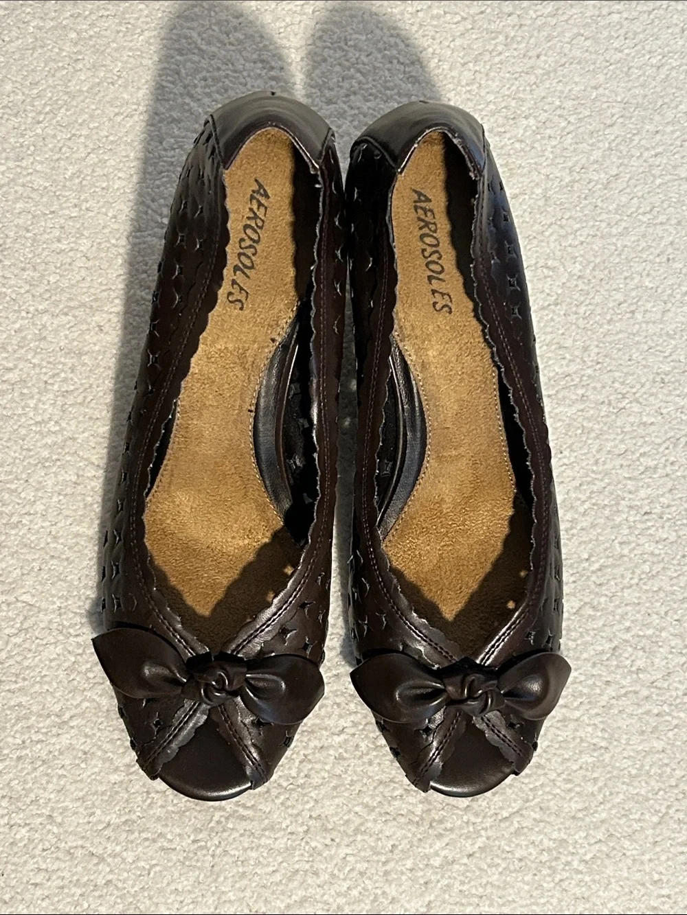 Vintage AEROSOLES Dark Brown Bow Peep-Toe Wedge Women's 8.5M